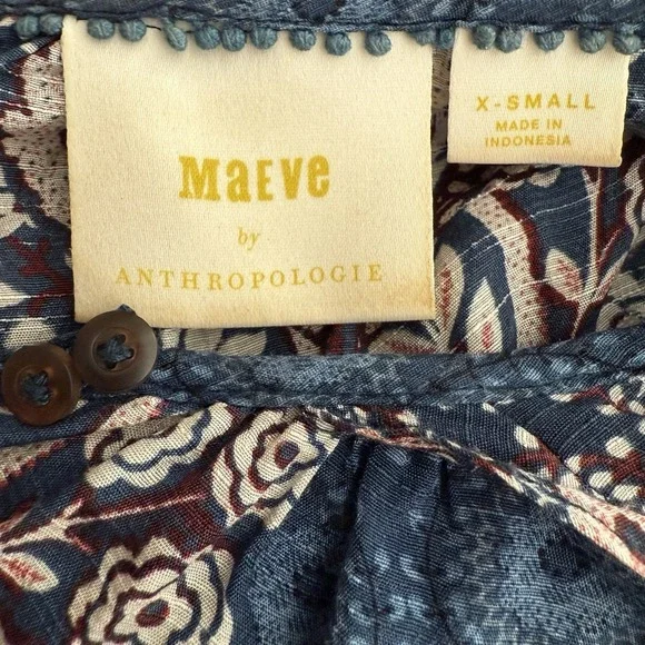 Maeve By Anthropologie Letizia Ruffled Blouse Top Size XS Blue‎ Floral - Picture 5 of 7